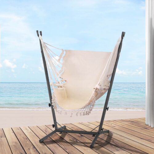 Gardeon Hammock Chair Outdoor Camping Hanging with Stand Cream - Image 7