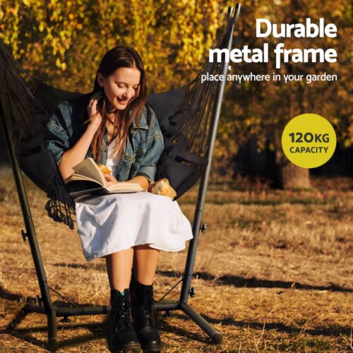 Gardeon Hammock Chair Outdoor Camping Hanging with Stand Grey - Image 4