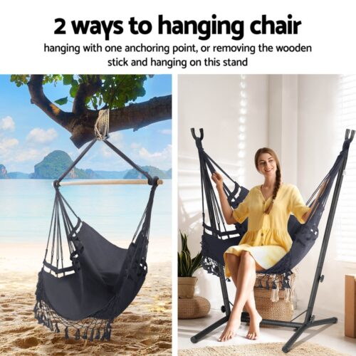 Gardeon Hammock Chair Outdoor Camping Hanging with Stand Grey - Image 5