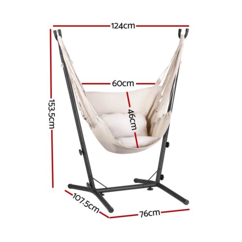 Gardeon Hammock Chair Outdoor Camping Hanging with Stand Cream - Image 2