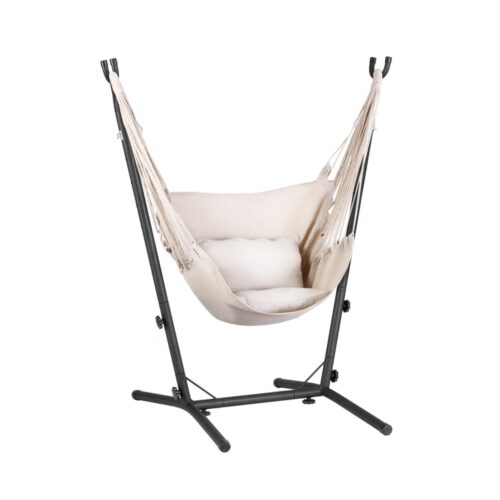 Gardeon Hammock Chair Outdoor Camping Hanging with Stand Cream - Image 3