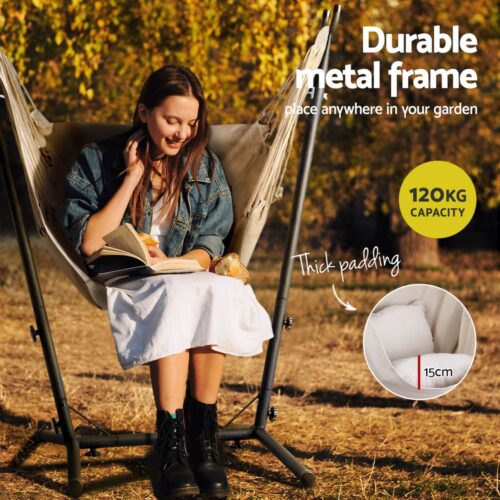 Gardeon Hammock Chair Outdoor Camping Hanging with Stand Cream - Image 4