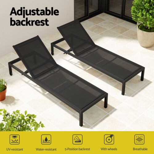 Gardeon Sun Lounge Outdoor Lounger Aluminium Folding Beach Chair Wheels Black - Image 4