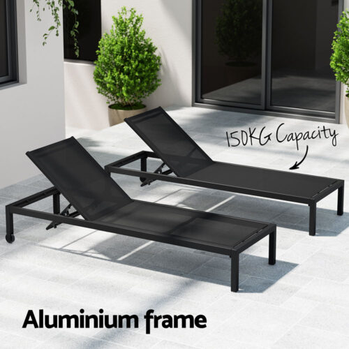 Gardeon Sun Lounge Outdoor Lounger Aluminium Folding Beach Chair Wheels Black - Image 5