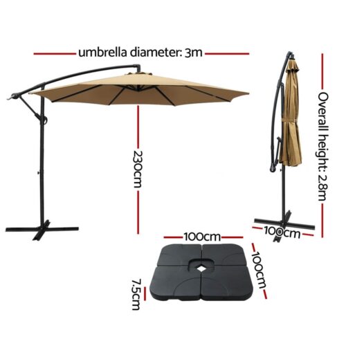 Instahut Umbrella Outdoor Parasol Cantilever Sun Deck Stand Garden Base Beige 3M - Image 3