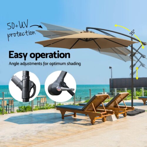 Instahut Umbrella Outdoor Parasol Cantilever Sun Deck Stand Garden Base Beige 3M - Image 4