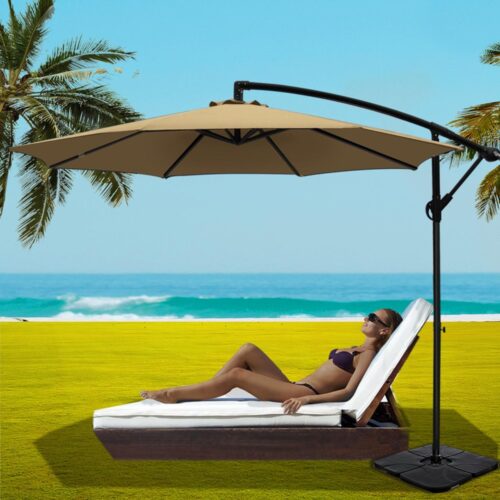 Instahut Umbrella Outdoor Parasol Cantilever Sun Deck Stand Garden Base Beige 3M - Image 7