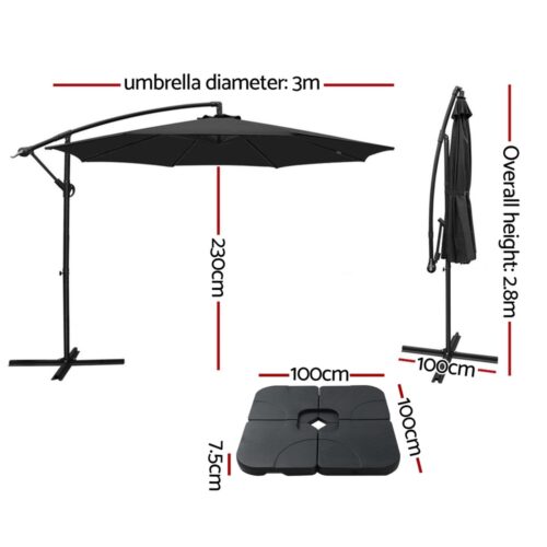 Instahut Umbrella Outdoor Parasol Cantilever Sun Stand Garden Base Charcoal 3M - Image 3