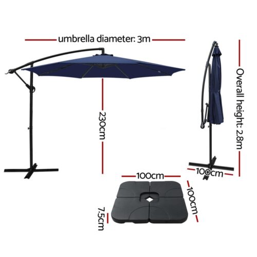 Instahut Umbrella Outdoor Parasol Cantilever Stand UV Garden Deck Base Navy 3M - Image 3