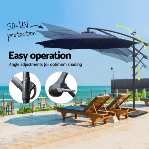 Instahut Umbrella Outdoor Parasol Cantilever Stand UV Garden Deck Base Navy 3M - Image 4
