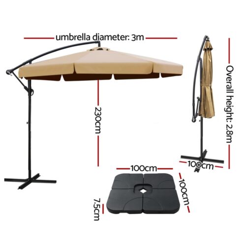 Instahut Umbrella Outdoor Parasol Cantilever Stand UV Garden Deck Base Beige 3M - Image 3