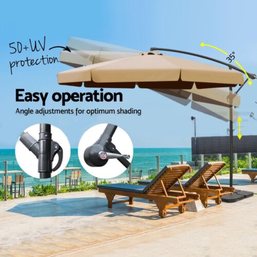 Instahut Umbrella Outdoor Parasol Cantilever Stand UV Garden Deck Base Beige 3M - Image 4