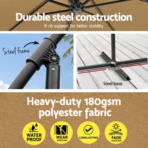 Instahut Umbrella Outdoor Parasol Cantilever Stand UV Garden Deck Base Beige 3M - Image 5