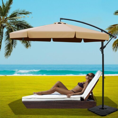 Instahut Umbrella Outdoor Parasol Cantilever Stand UV Garden Deck Base Beige 3M - Image 7
