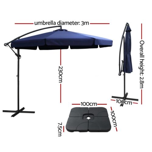 Instahut Umbrella Outdoor Parasol Cantilever Stand UV Garden Deck Base Navy 3M - Image 3