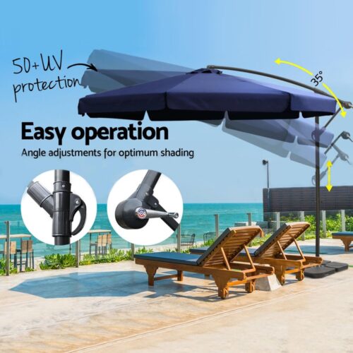 Instahut Umbrella Outdoor Parasol Cantilever Stand UV Garden Deck Base Navy 3M - Image 4