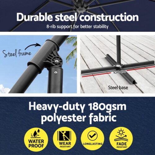 Instahut Umbrella Outdoor Parasol Cantilever Stand UV Garden Deck Base Navy 3M - Image 5