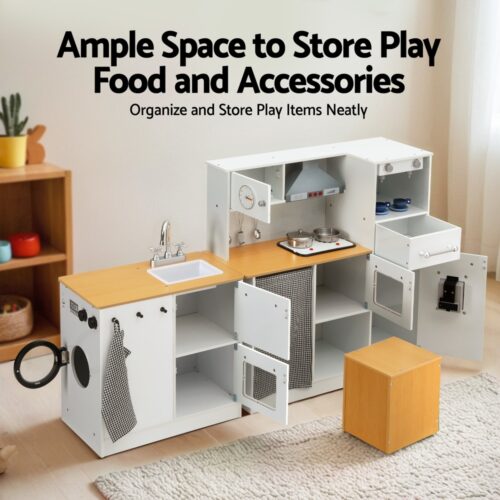 Keezi Kids Kitchen Playset 2-Piece Wooden Pretend Play Coffee Maker Toy 80CM White - Image 6