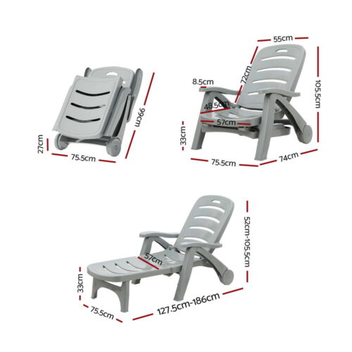 Gardeon Sun Lounger Folding Lounge Chair Wheels Patio Outdoor Furniture Grey - Image 2