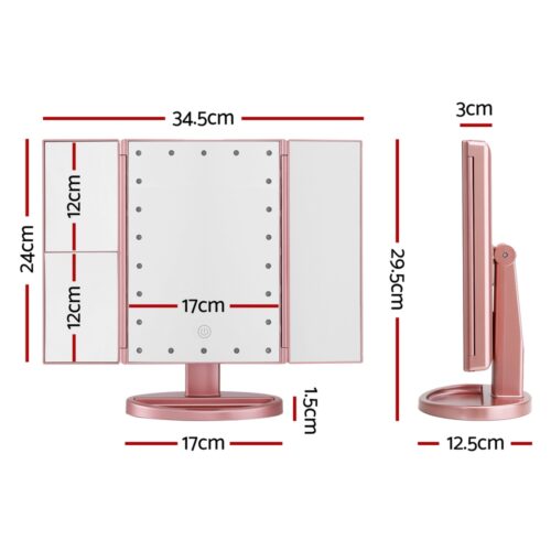 Embellir Tri-fold Makeup Mirror 1X2X3X Magnifying with LED Light Travel Portable Pink - Image 2