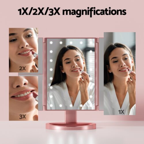 Embellir Tri-fold Makeup Mirror 1X2X3X Magnifying with LED Light Travel Portable Pink - Image 5