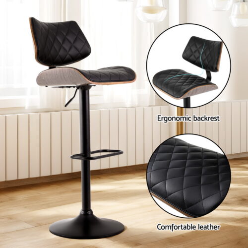 Artiss Bar Stools Kitchen Dining Chairs Gas Lift Stool Wooden Leather Black - Image 5