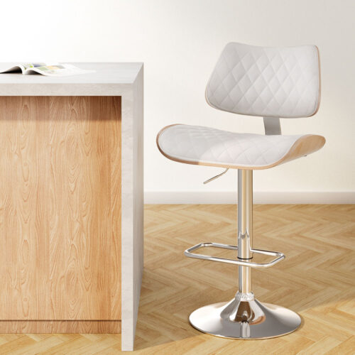 Artiss Bar Stools Kitchen Dining Chairs Gas Lift Stool Wooden PU Leather White - Image 7
