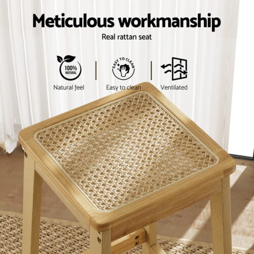 Artiss 2x Bar Stools Rubber Wood Stool Counter Chair Rattan Barstools Kitchen - Image 4