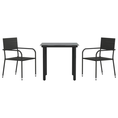 3-Piece Garden Dining Set Black Poly Rattan Wicker Outdoor Patio Furniture Steel