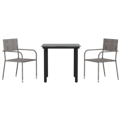 3-Piece Garden Dining Set Grey Black Poly Rattan Wicker Outdoor Patio Furniture Steel