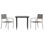3-Piece Garden Dining Set Grey Black Poly Rattan Wicker Outdoor Patio Furniture Steel