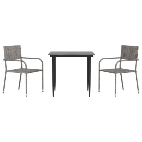 3-Piece Garden Dining Set Grey Black Poly Rattan Wicker Outdoor Patio Furniture Steel