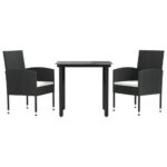 3-Piece Garden Dining Set Black Poly Rattan Wicker Outdoor Patio Furniture Steel