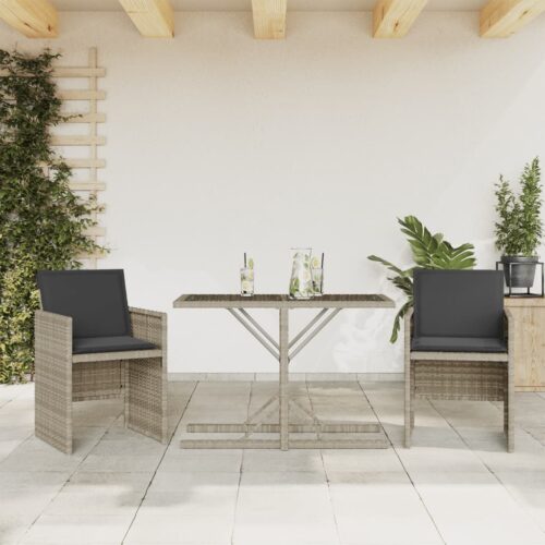 3-Piece Bistro Set with Cushions Light Grey Poly Rattan Wicker Outdoor Patio Furniture - Image 11