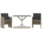 3-Piece Bistro Set with Cushions Light Grey Poly Rattan Wicker Outdoor Patio Furniture