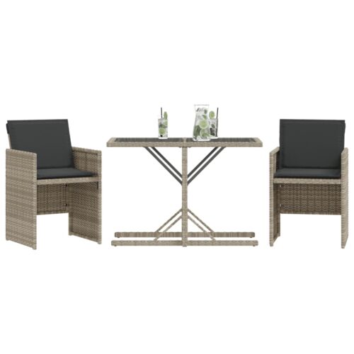 3-Piece Bistro Set with Cushions Light Grey Poly Rattan Wicker Outdoor Patio Furniture - Image 3