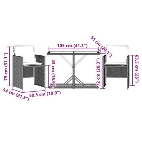 3-Piece Bistro Set with Cushions Light Grey Poly Rattan Wicker Outdoor Patio Furniture - Image 10