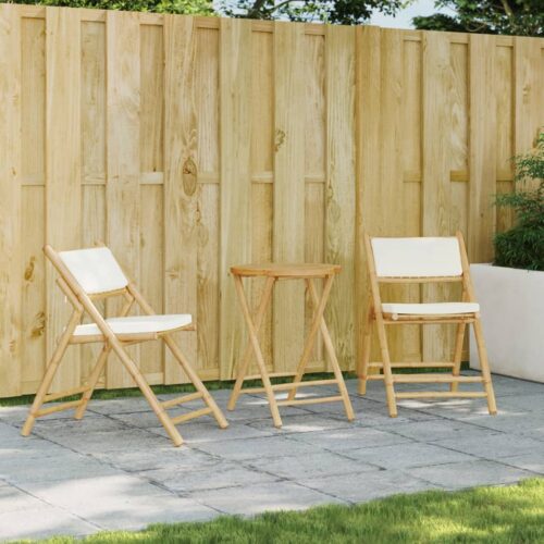 3-Piece Folding Bistro Set with Cream White Cushions Bamboo Outdoor Garden Patio Dining Lounge Furniture - Image 13