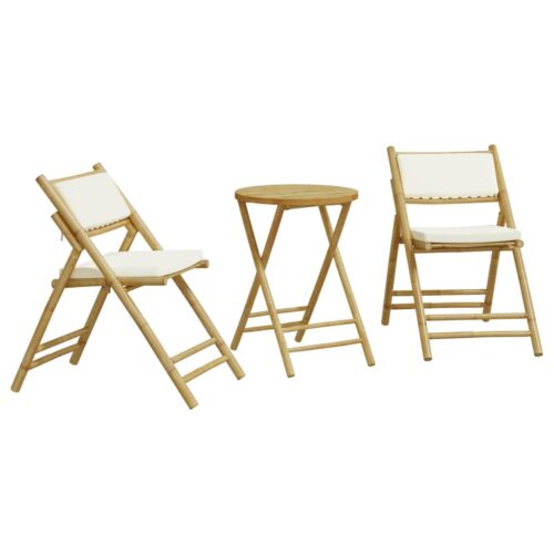 3-Piece Folding Bistro Set with Cream White Cushions Bamboo Outdoor Garden Patio Dining Lounge Furniture