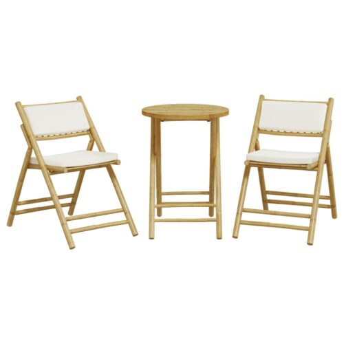 3-Piece Folding Bistro Set with Cream White Cushions Bamboo Outdoor Garden Patio Dining Lounge Furniture - Image 3