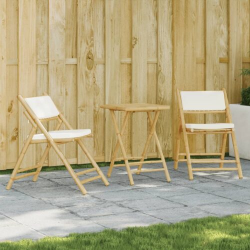 3-Piece Folding Bistro Set with Cream White Cushions Bamboo Outdoor Garden Patio Dining Lounge Furniture - Image 13