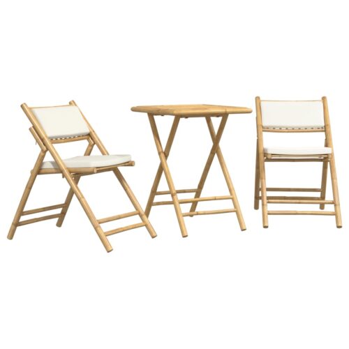3-Piece Folding Bistro Set with Cream White Cushions Bamboo Outdoor Garden Patio Dining Lounge Furniture