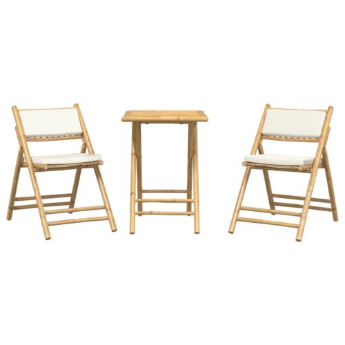 3-Piece Folding Bistro Set with Cream White Cushions Bamboo Outdoor Garden Patio Dining Lounge Furniture - Image 3
