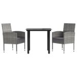 3-Piece Garden Dining Set Grey Black Poly Rattan Wicker Outdoor Patio Furniture Steel