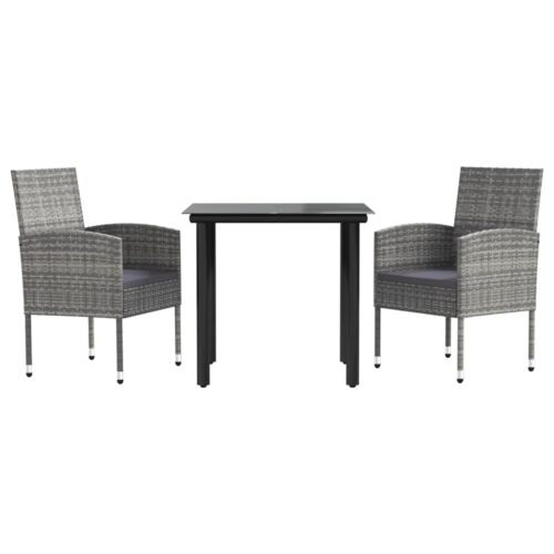 3-Piece Garden Dining Set Grey Black Poly Rattan Wicker Outdoor Patio Furniture Steel
