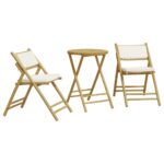3-Piece Folding Bistro Set with Cream White Cushions Bamboo Outdoor Garden Patio Dining Lounge Furniture