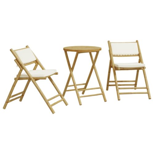 3-Piece Folding Bistro Set with Cream White Cushions Bamboo Outdoor Garden Patio Dining Lounge Furniture