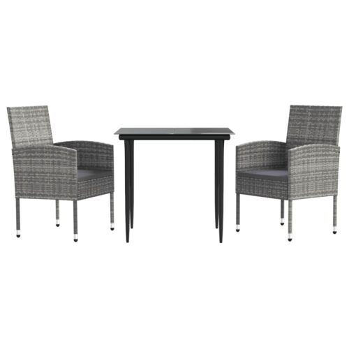 3-Piece Garden Dining Set Grey Black Poly Rattan Wicker Outdoor Patio Furniture Steel