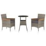 3-Piece Garden Bistro Set with Cushions Grey Poly Rattan Wicker Outdoor Patio Furniture