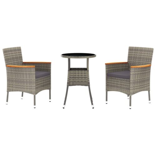 3-Piece Garden Bistro Set with Cushions Grey Poly Rattan Wicker Outdoor Patio Furniture